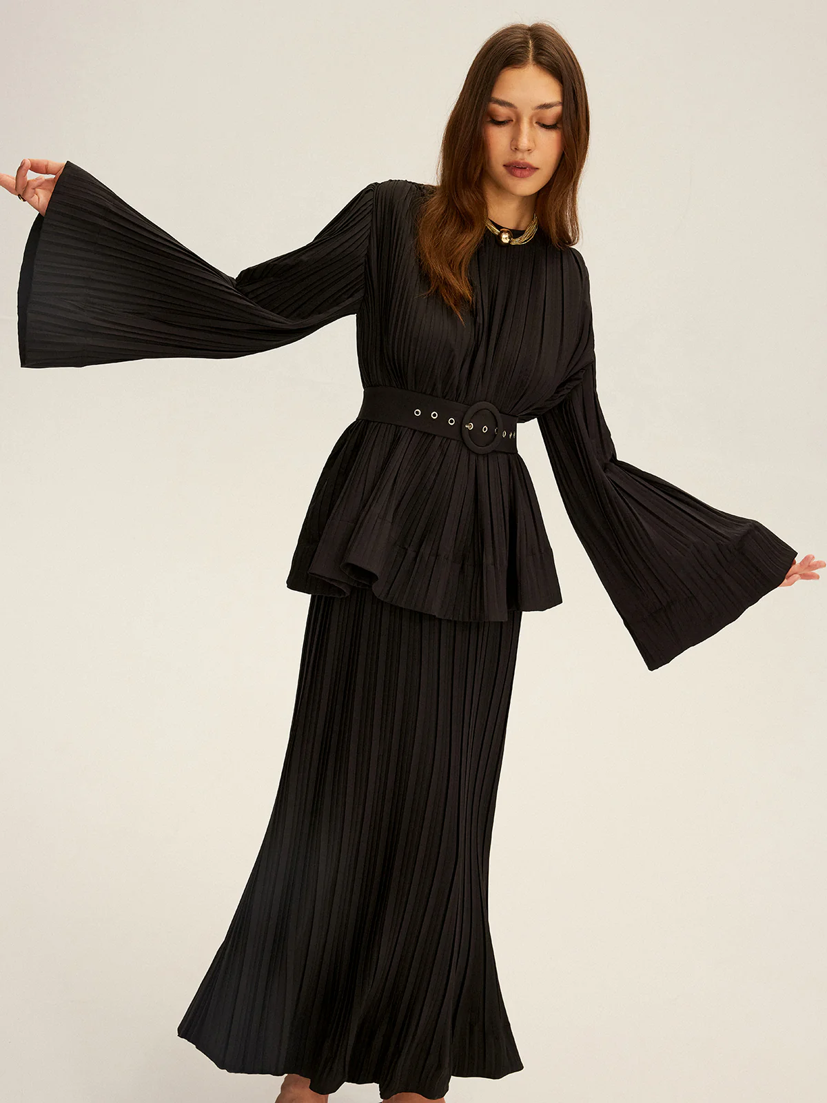 Pleated Bell Sleeve Belted Peplum Blouse - Wholesalesil