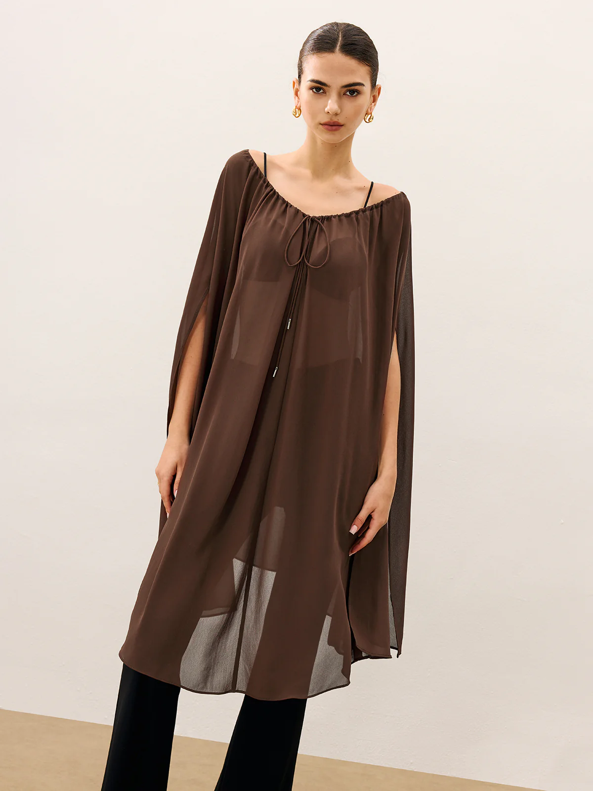 Cape-Style Semi Sheer Chiffon Blouse With Tie Detail - Wholesalesil