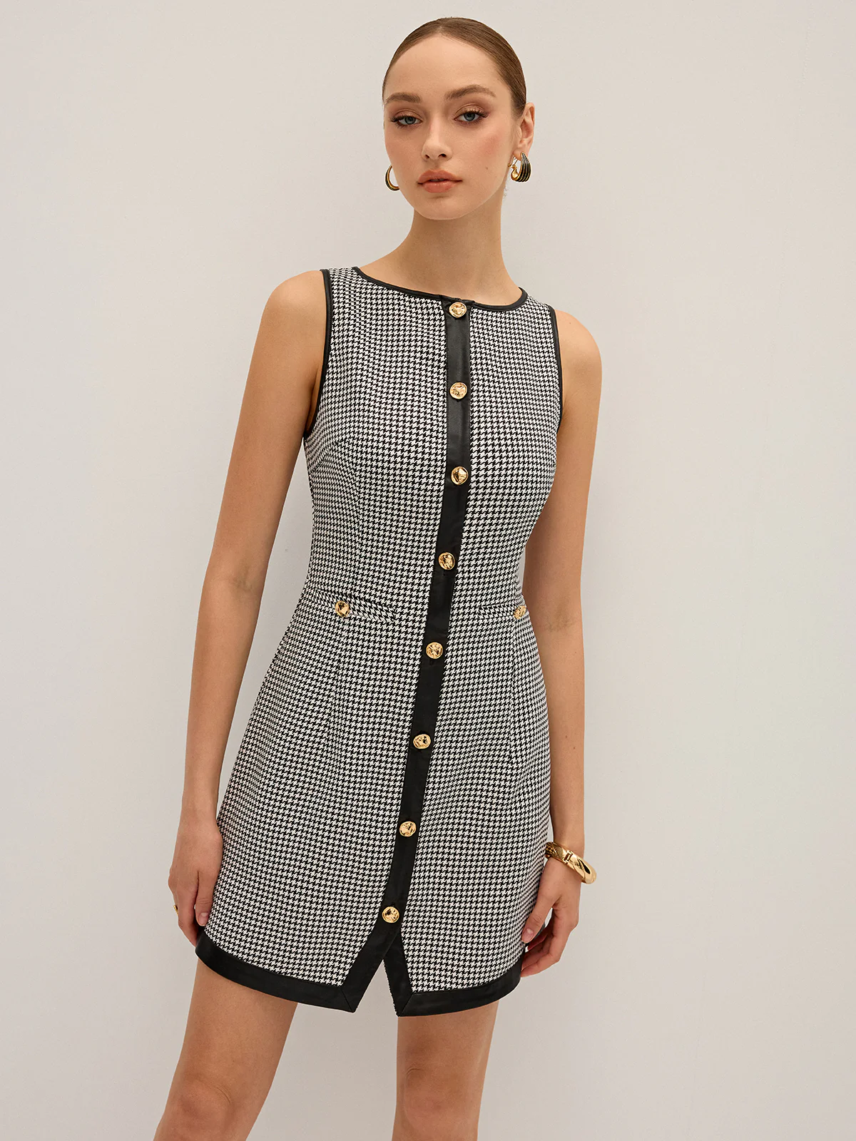 Houndstooth PU Leather Trim Mini Dress - Wholesalesil
