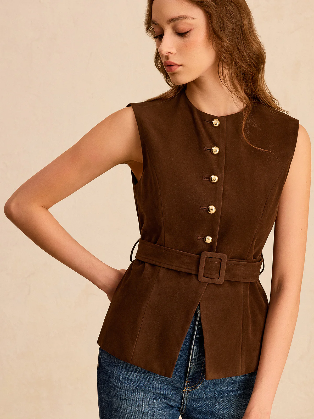 Suede Effect Vest with Belt - Wholesalesil