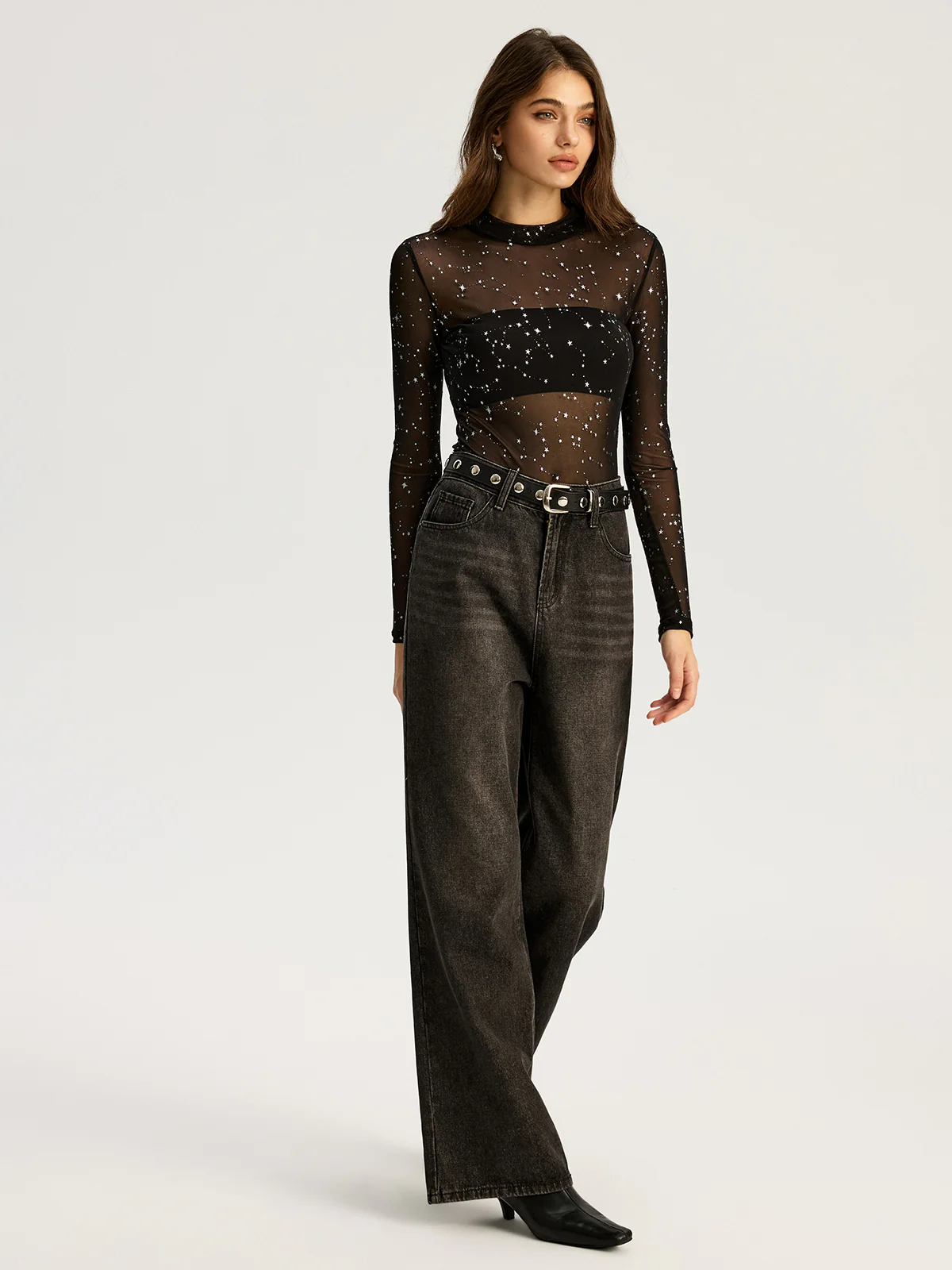 Glitter Star Sheer Mesh Long-Sleeve Bodysuit - Wholesalesil