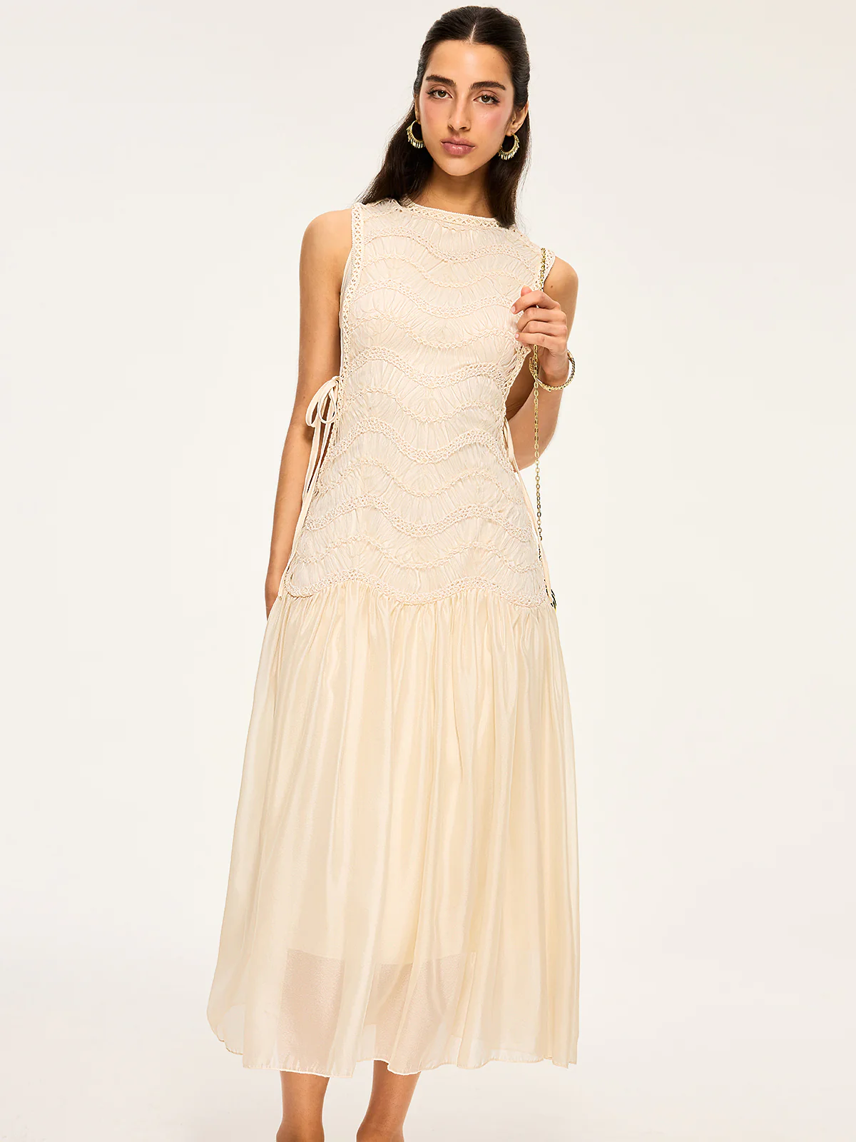 Semi-Sheer Textured Fabric Panel Tulle Dress - Wholesalesil