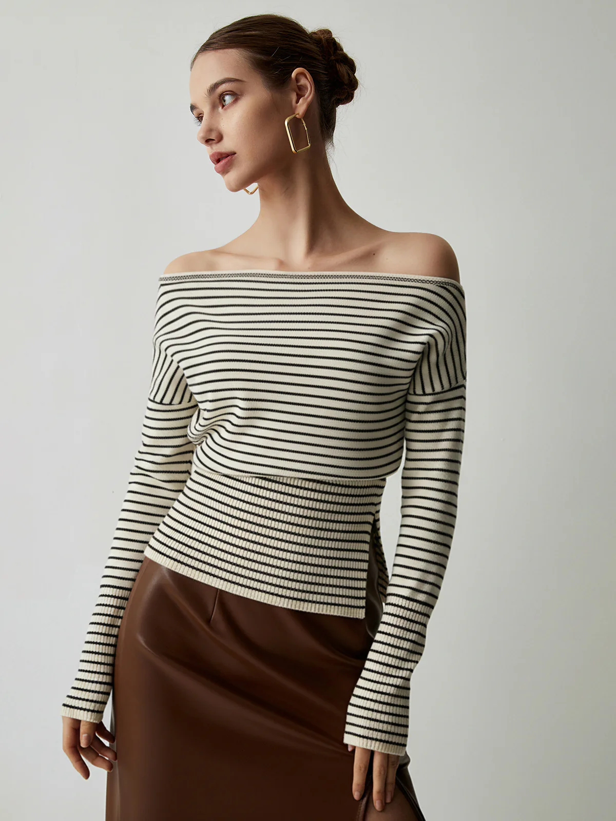 Slit Hem Off-Shoulder Striped Sweater - Wholesalesil
