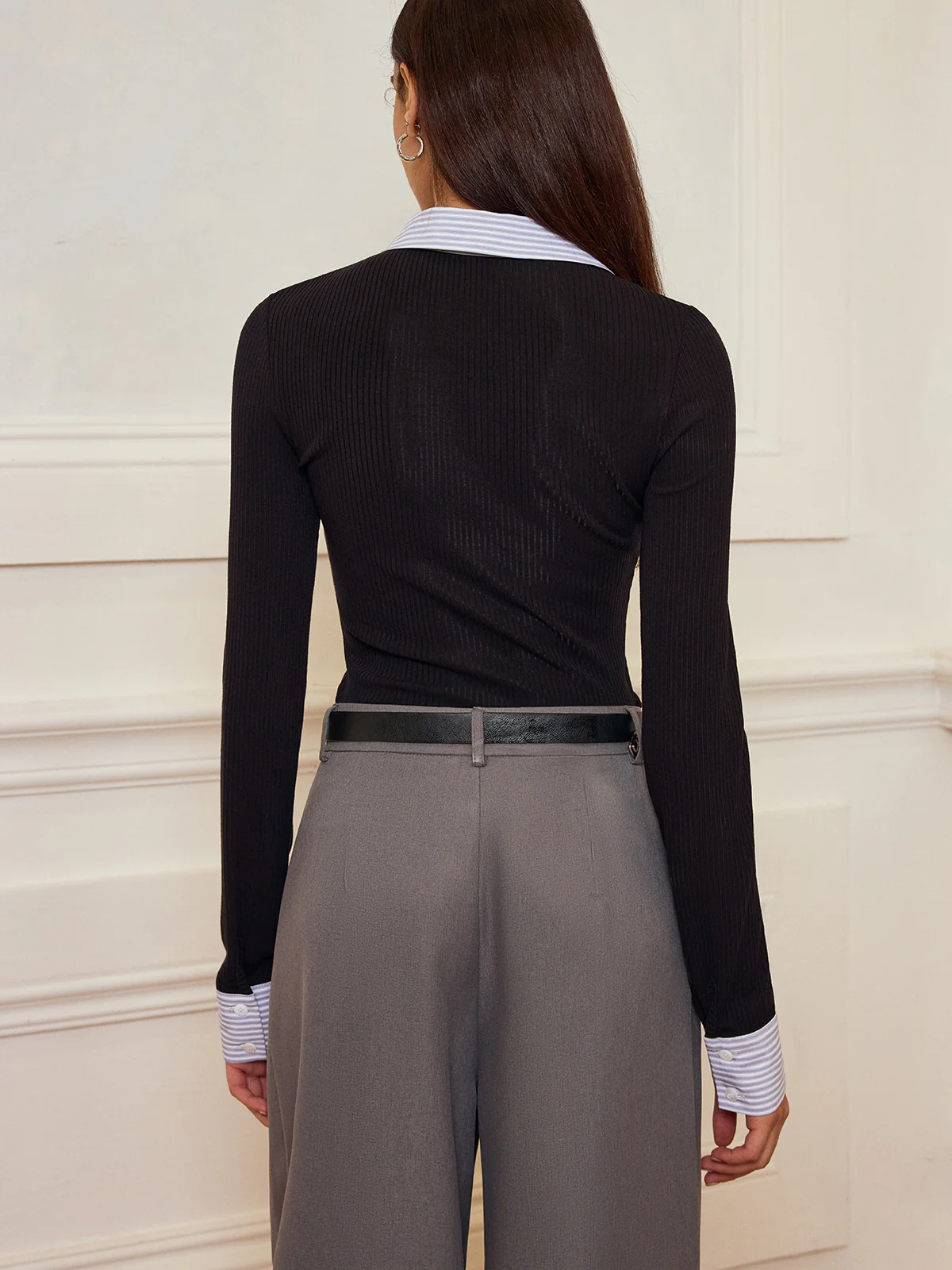 Striped Shirt Panel Ribbed Knit Top - Wholesalesil