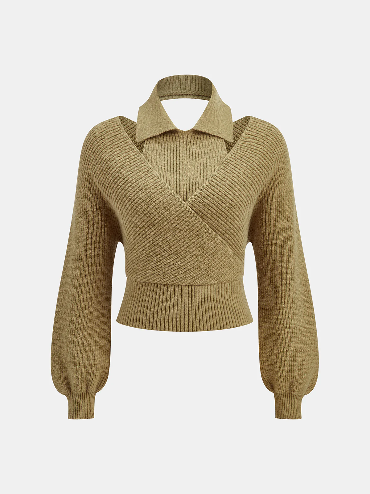 Collared Cut-Out Cross-Front Sweater - Wholesalesil