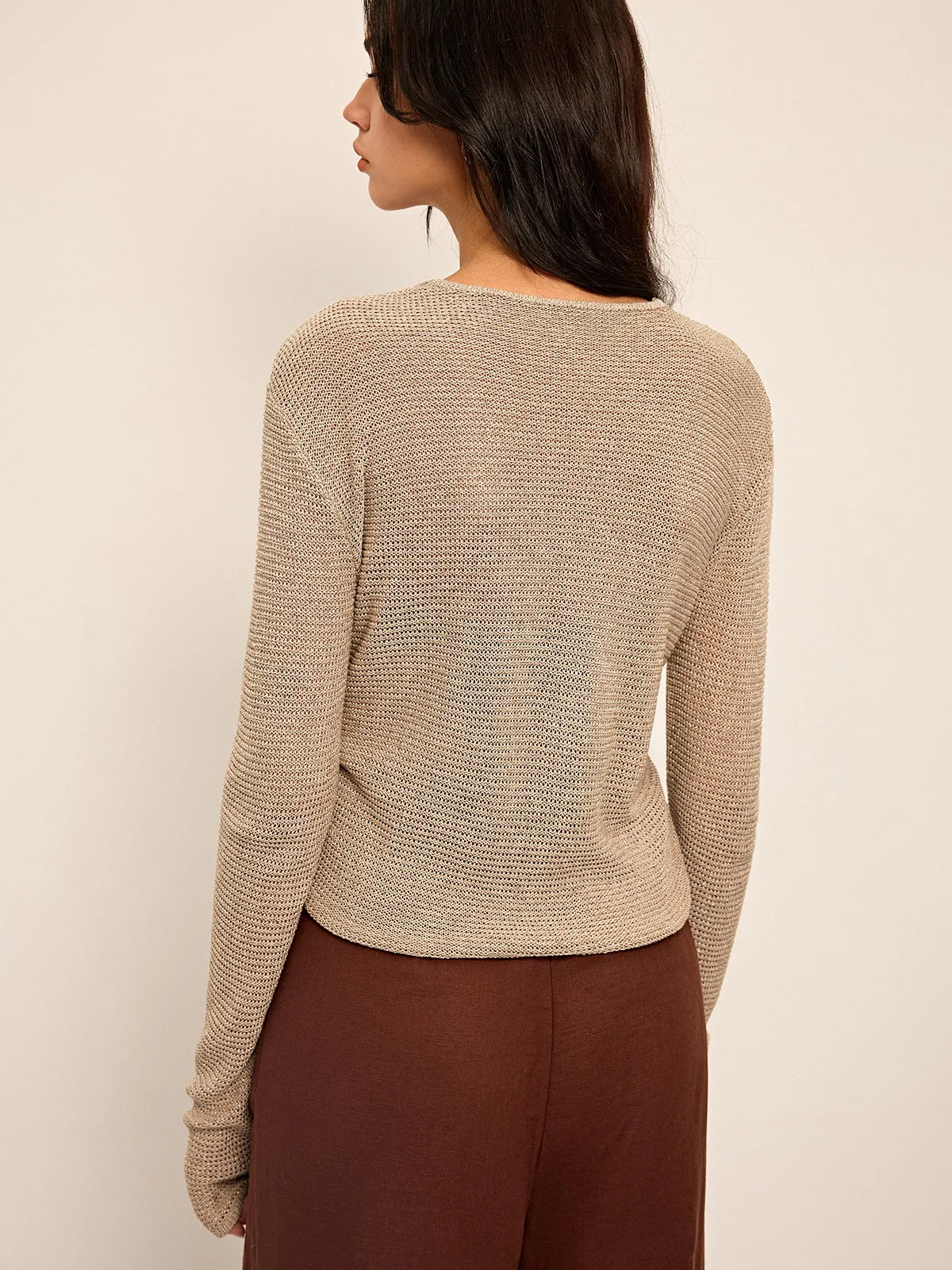 Knotted Front Long Sleeve Knit Top - Wholesalesil