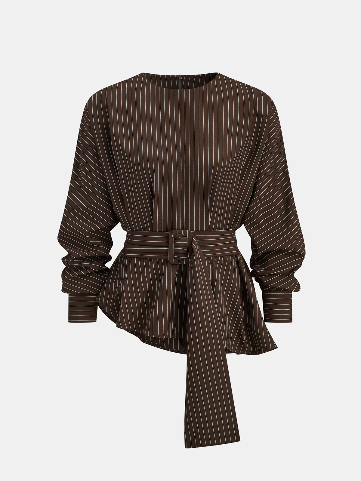 Belted Pinstripe Asymmetric Blouse - Wholesalesil
