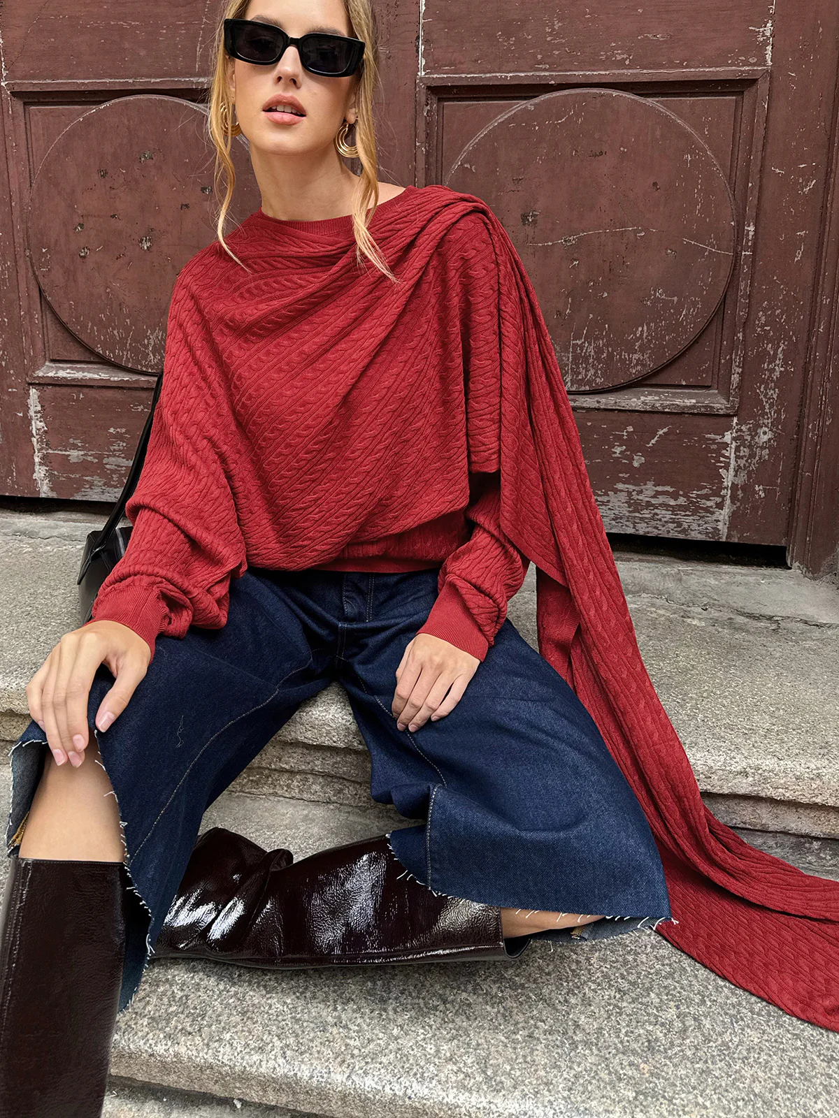 Wool Blend Cable Knit Draped Asymmetric Sweater - Wholesalesil