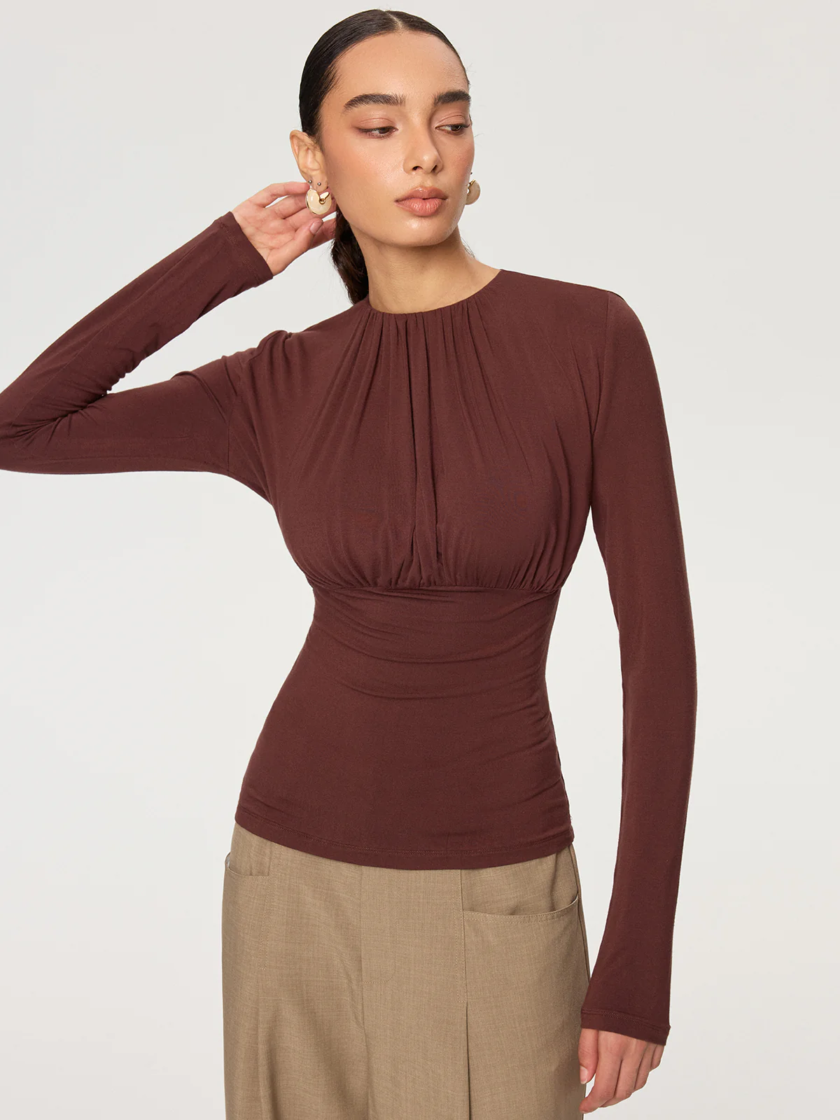 Ruched Long Sleeve Round Neck Knit Blouse - Wholesalesil