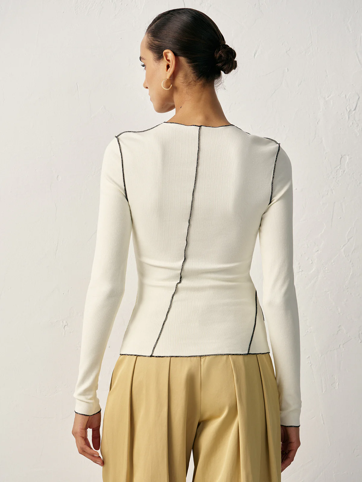 Contrast Piping Ribbed Knit Top - Wholesalesil