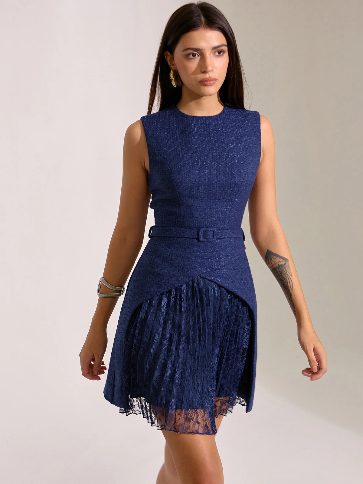 Belted Pleated Lace Mini Dress - Wholesalesil