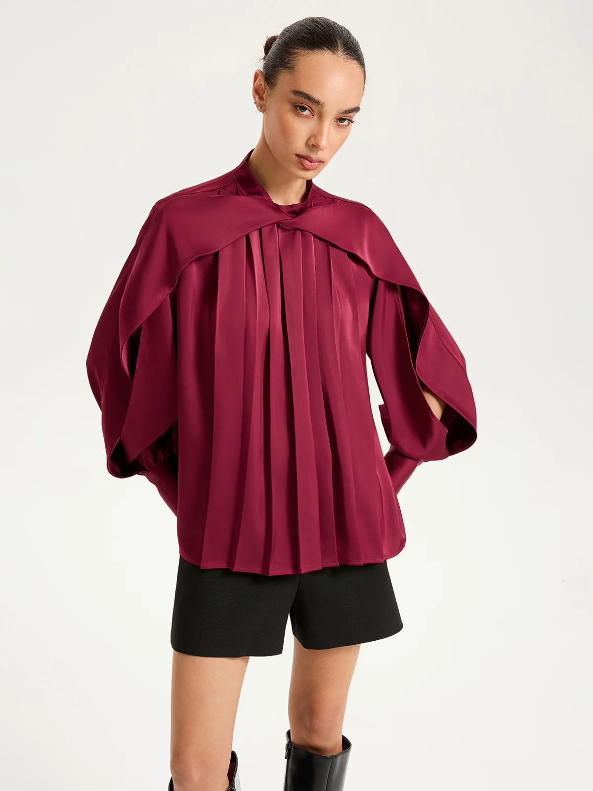 Satin Pleated Blouse with Cut-Out Sleeve - Wholesalesil