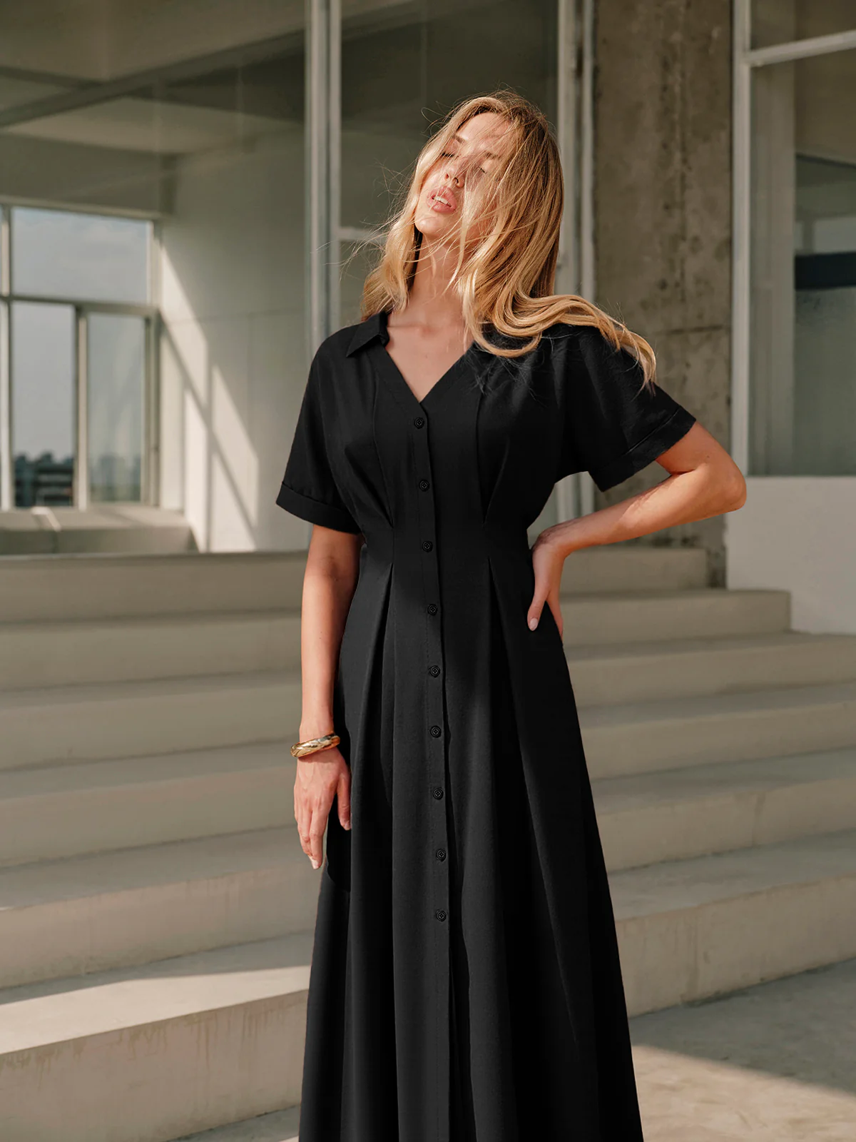 Pleated Button-Front Shirt Dress - Wholesalesil