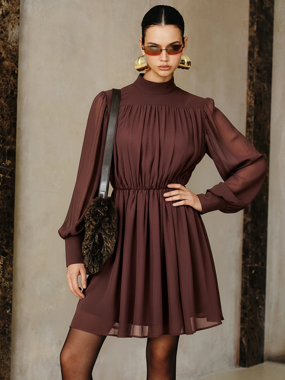 Puff Sleeve Chiffon Ruched Mini Dress - Wholesalesil