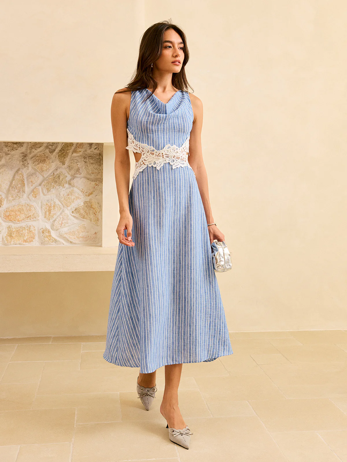 Striped Backless Dress with Lace Detail - Wholesalesil