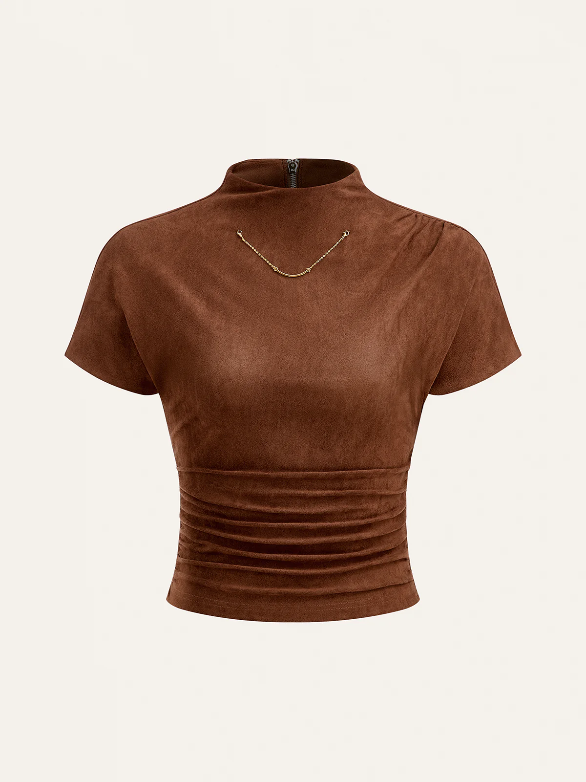 Suede Effect Back Zip Ruched Short-Sleeve Top - Wholesalesil