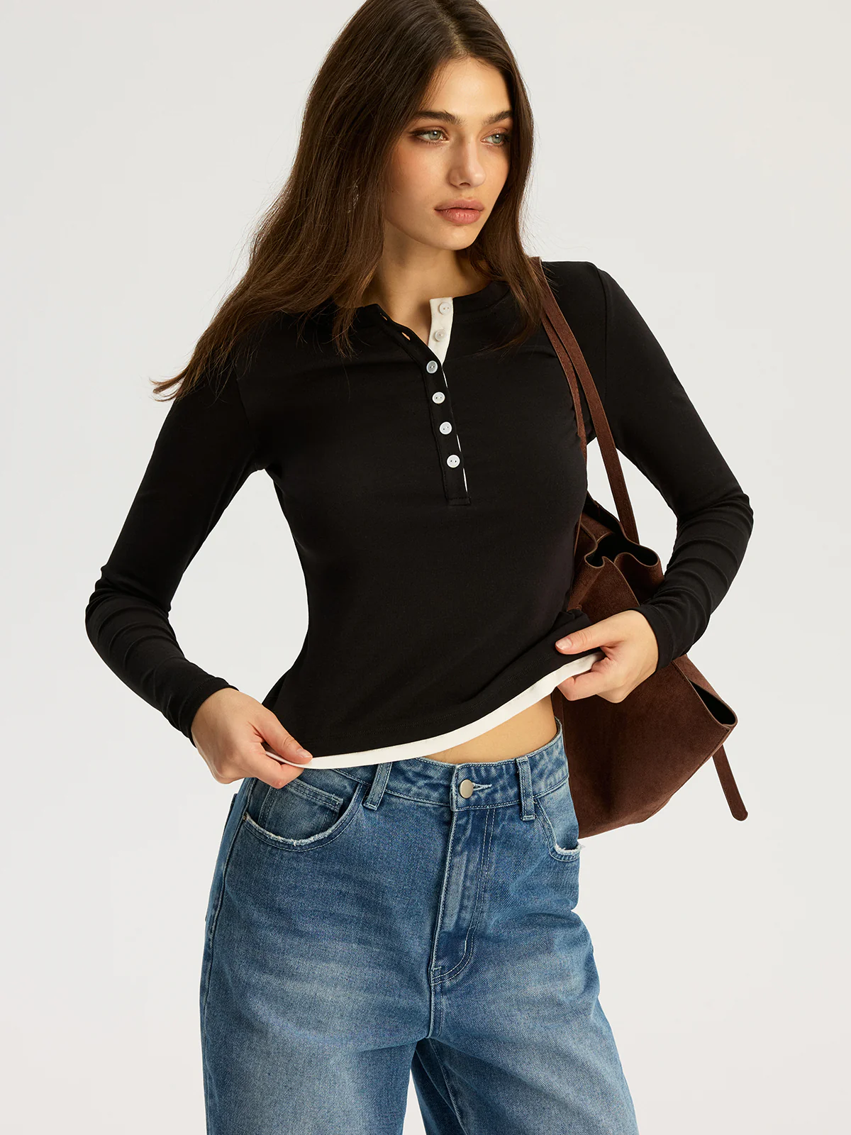 Contrast Trim Cotton Blend Long Sleeve Top - Wholesalesil