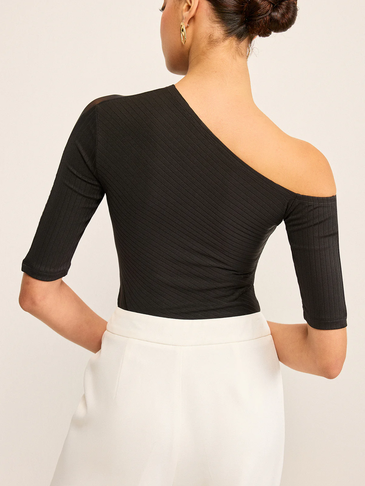 Semi-Sheer One-Shoulder Top with Mesh Sleeve - Wholesalesil