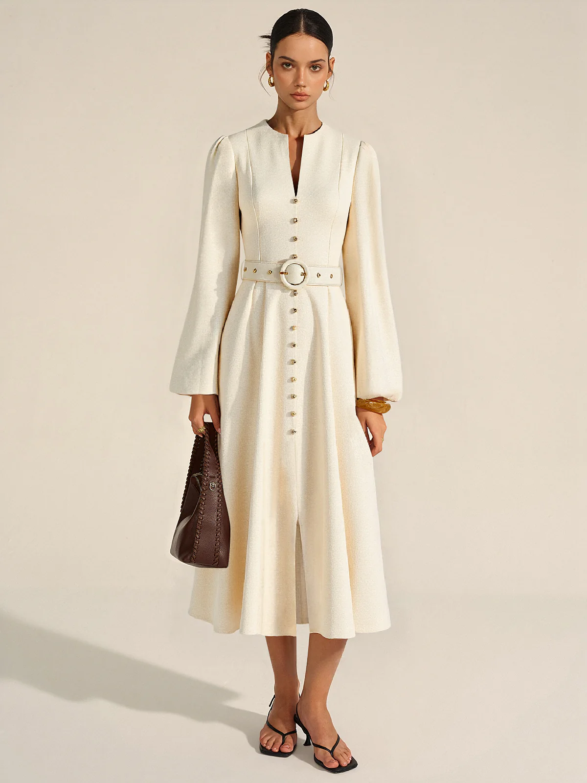 Button Front Belted Midi Dress - Wholesalesil