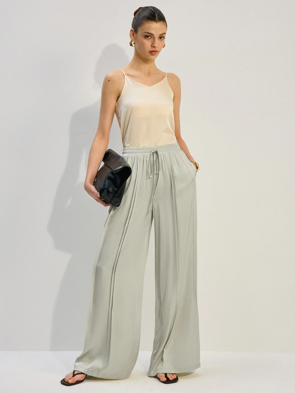 Tencel Rayon Satin Wide-Leg Pants with Pleats - Wholesalesil