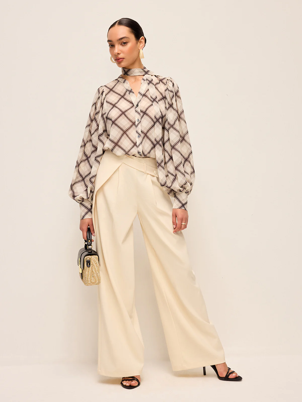 Long-Sleeve Plaid Chiffon Shirt With Neck-Tie Detail - Wholesalesil