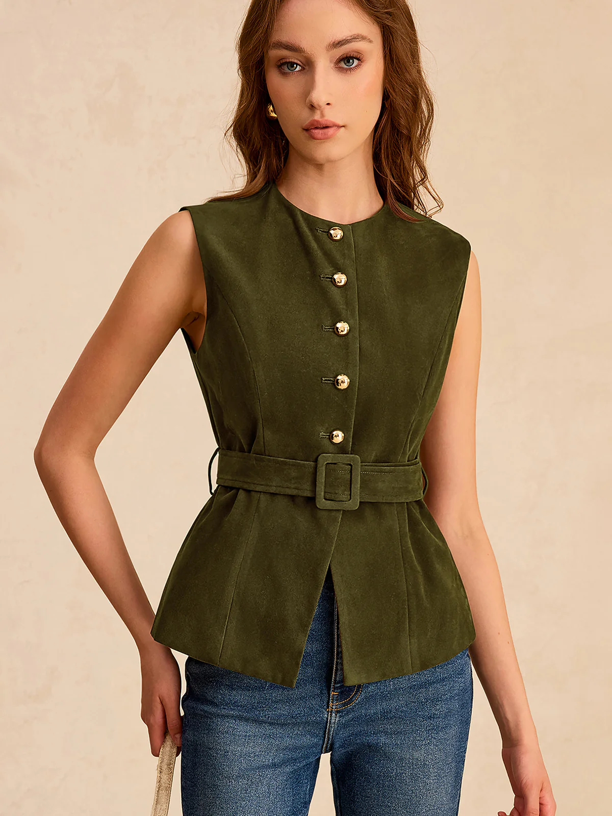 Suede Effect Vest with Belt - Wholesalesil