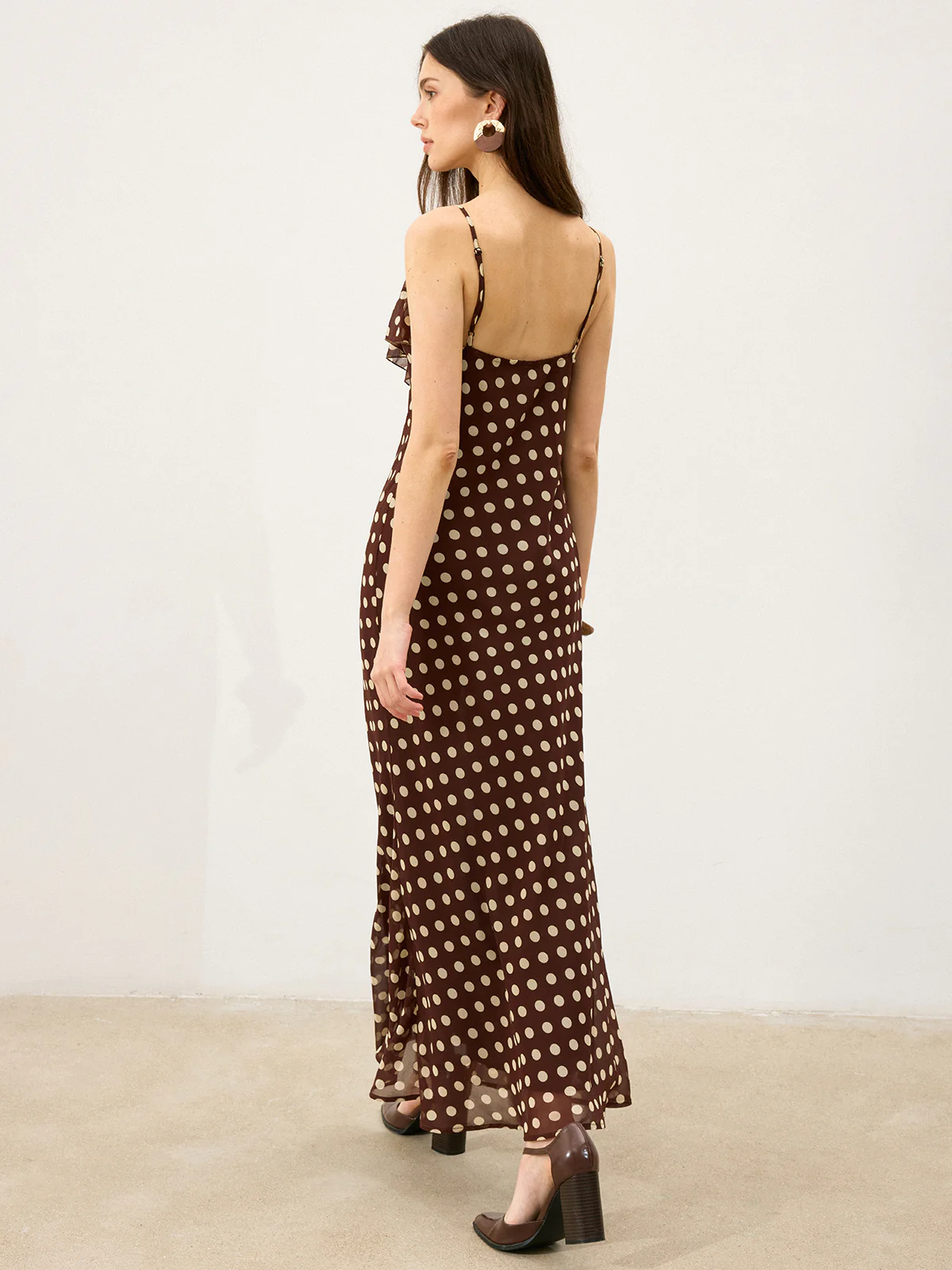 Semi-Sheer Polka Dot Ruffle Cami Maxi Dress - Wholesalesil