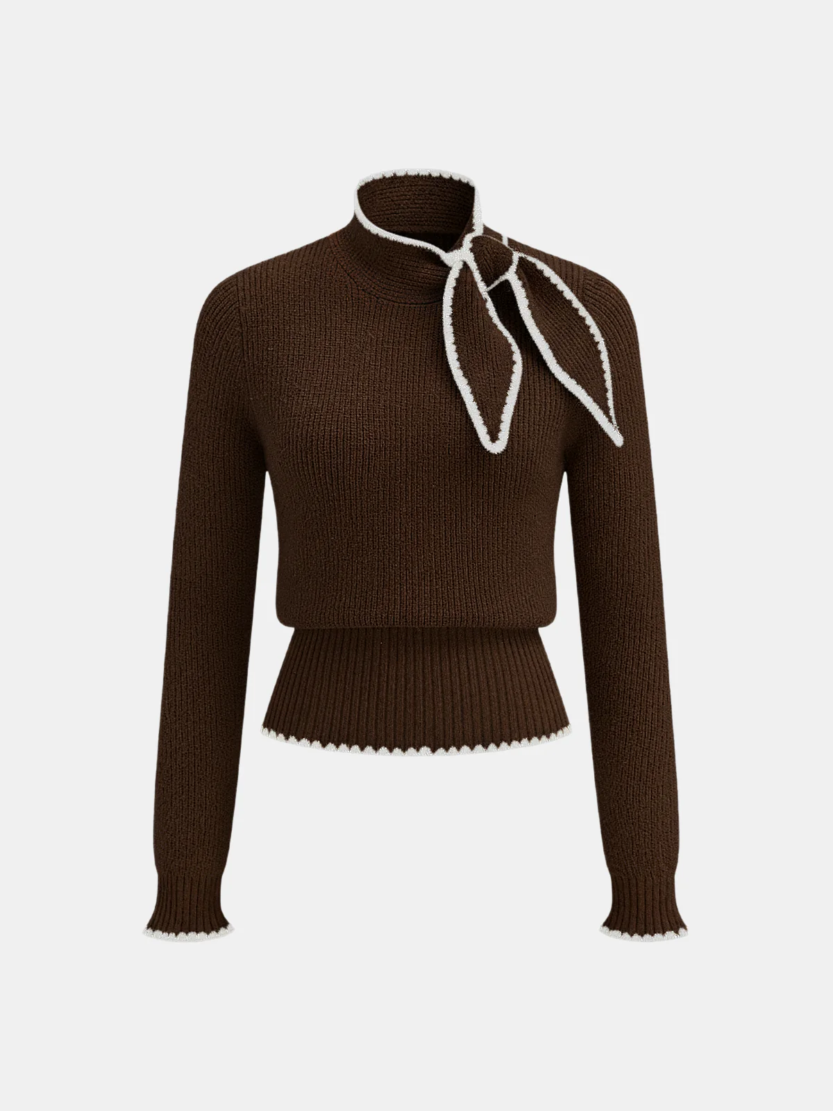 Mock Neck Tie Neck Contrast Stitch Sweater - Wholesalesil