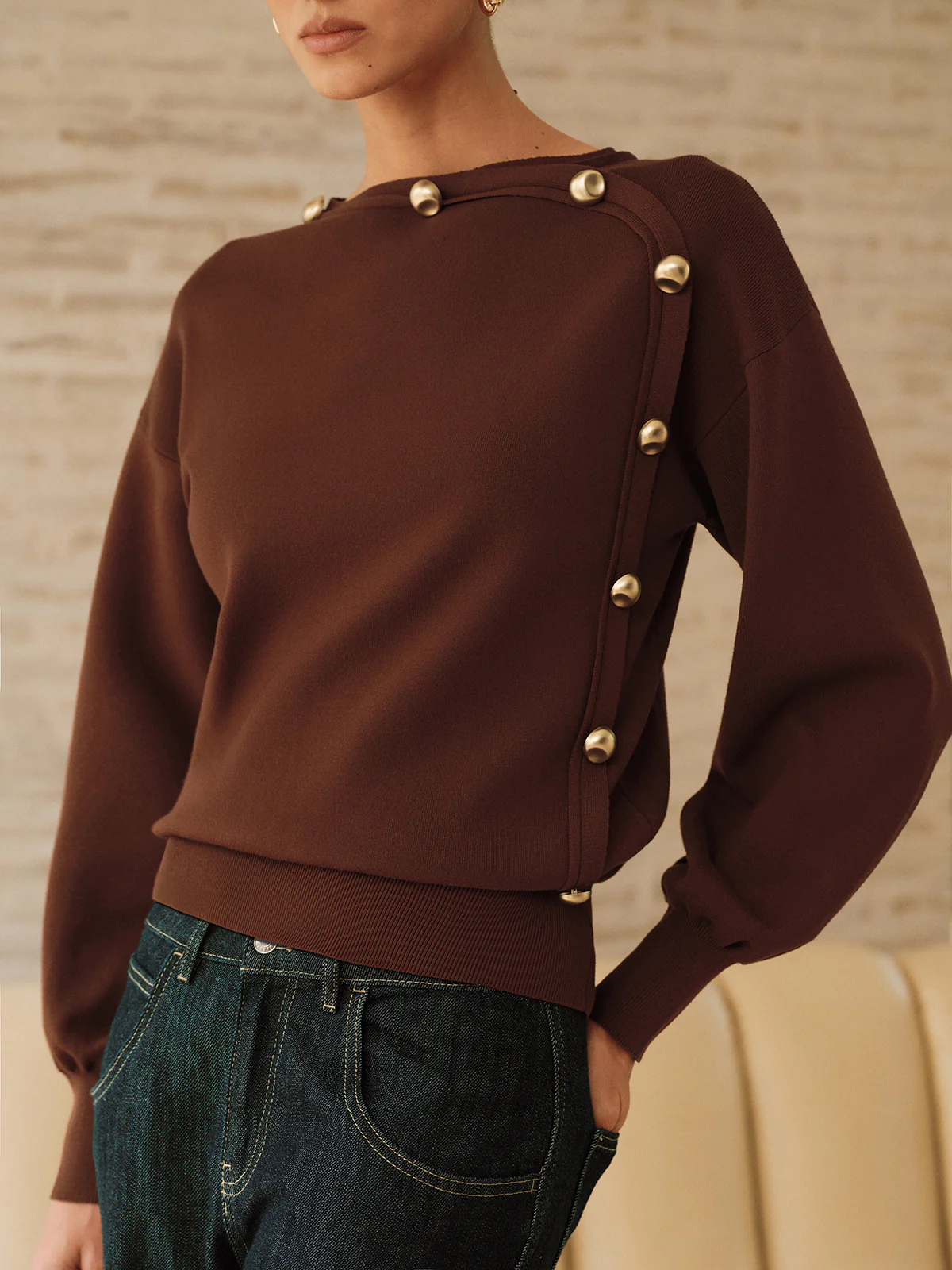 Asymmetric Metal Detail Sweater - Wholesalesil