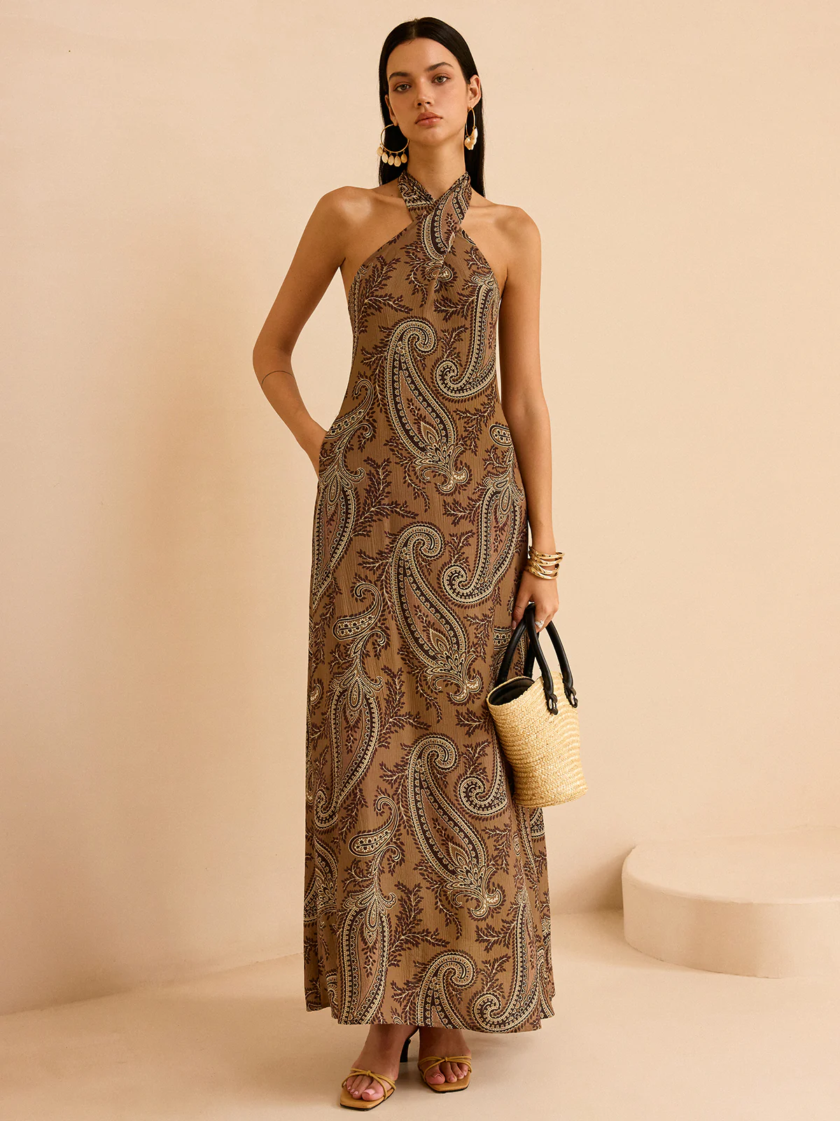 Paisley Print Halter Backless Maxi Dress - Wholesalesil