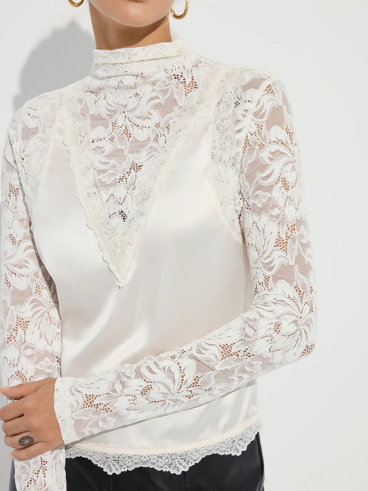 Mock Neck Lace Paneled Satin Blouse - Wholesalesil