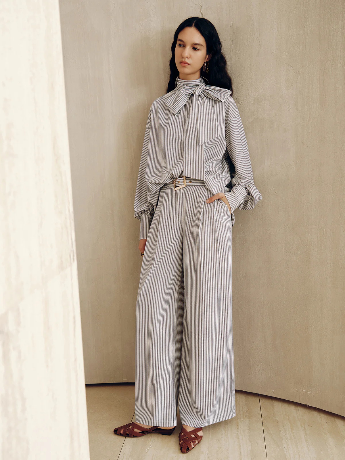 Belted Striped High-Waisted Wide-Leg Pants - Wholesalesil