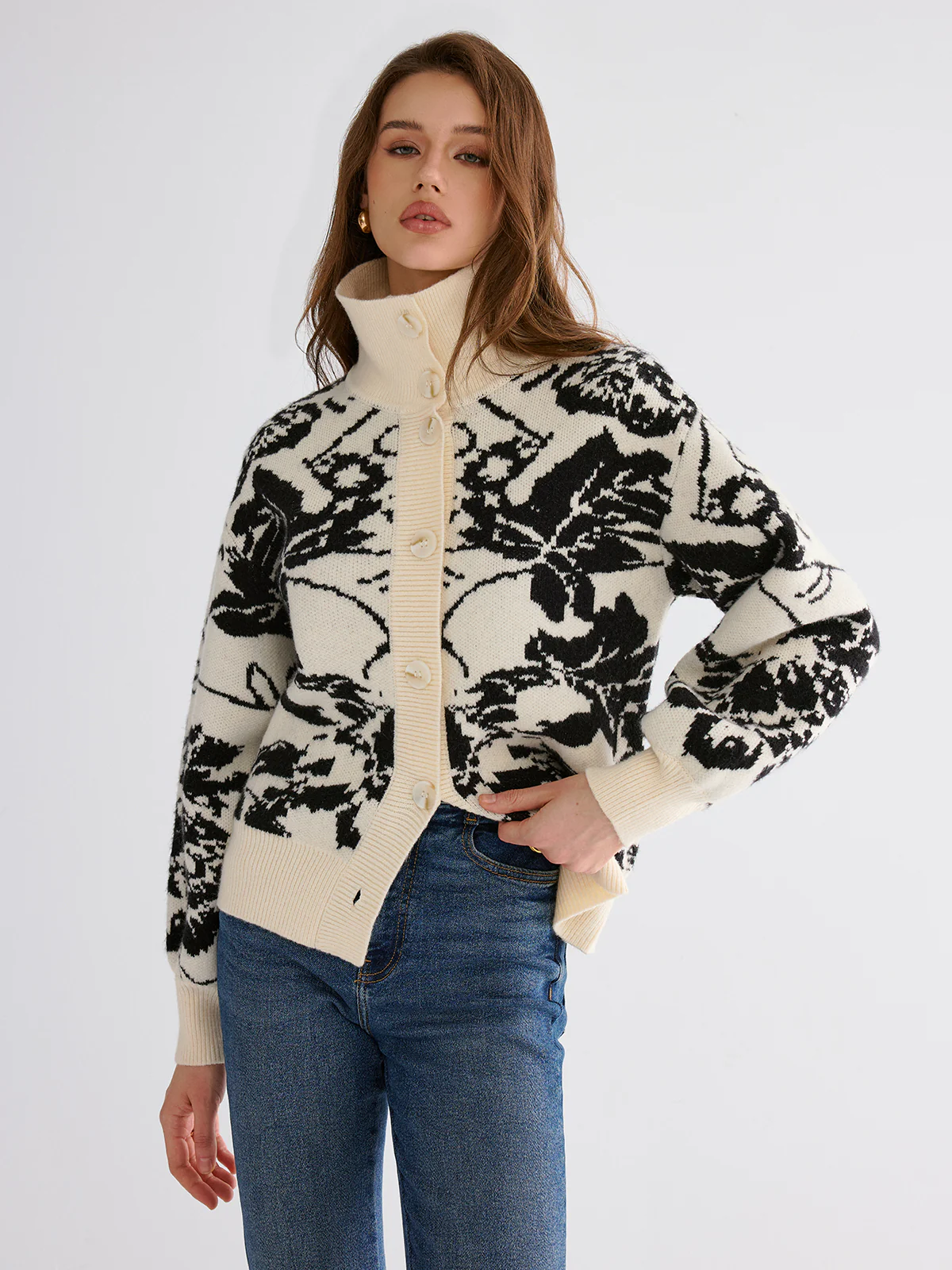 Floral Jacquard Button Cardigan - Wholesalesil