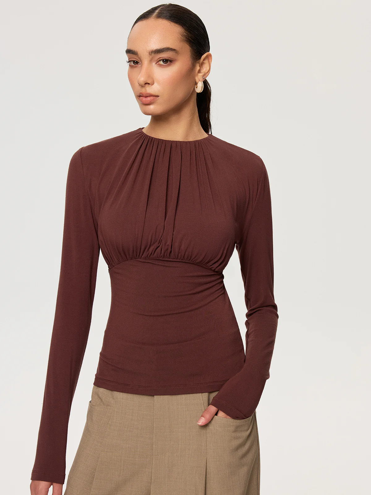Ruched Long Sleeve Round Neck Knit Blouse - Wholesalesil