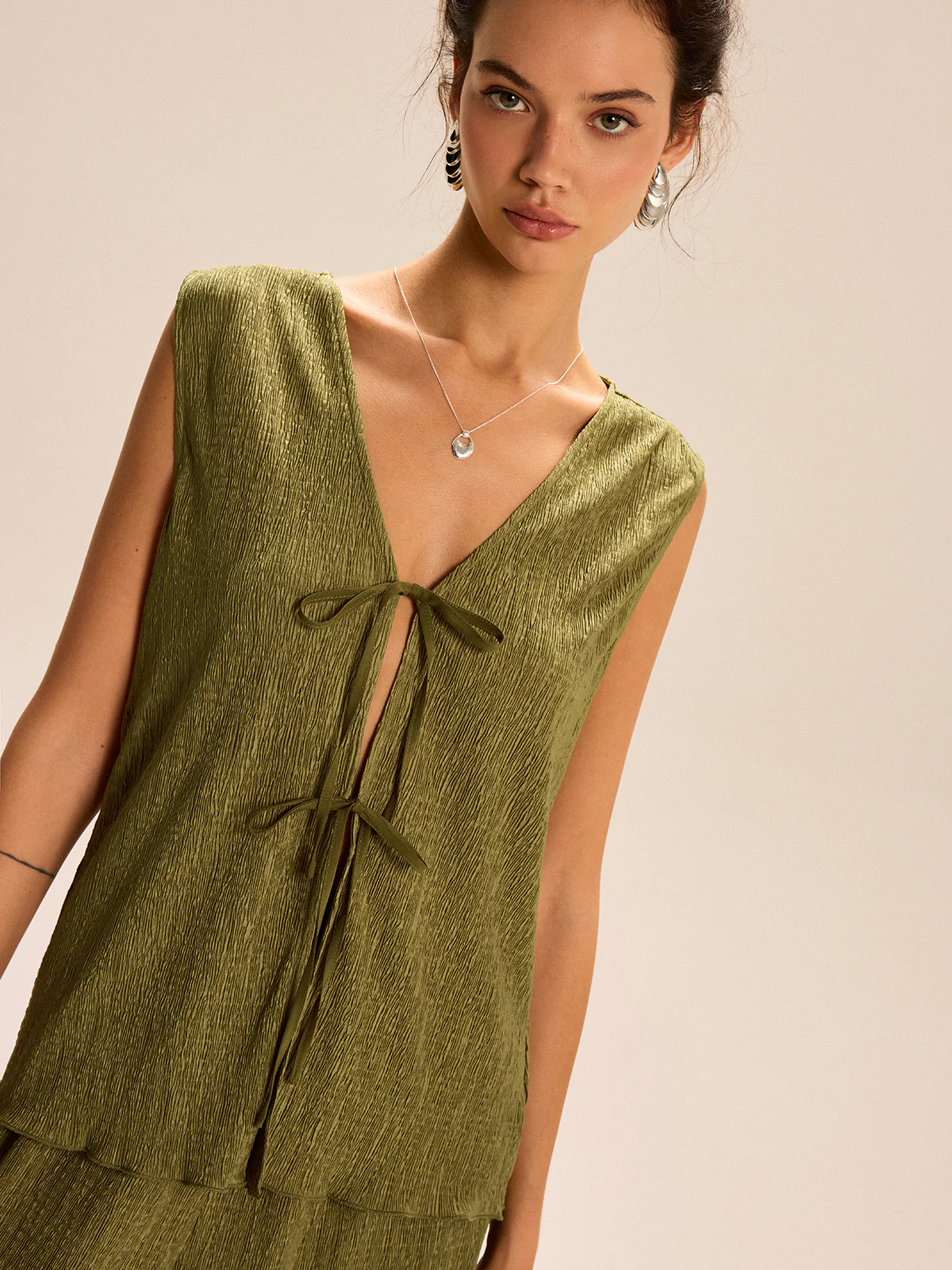 Sleeveless Tie-Front Top and Wide-Leg Pants Set - Wholesalesil