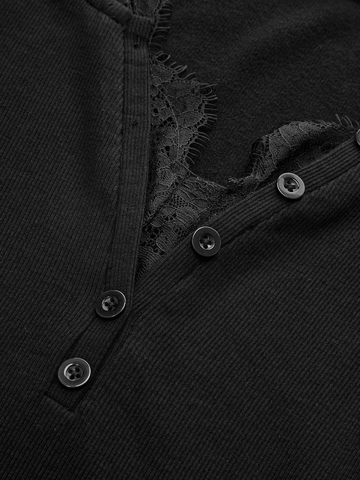 Lace V-Neck Button Ribbed Long Sleeve Top - Wholesalesil