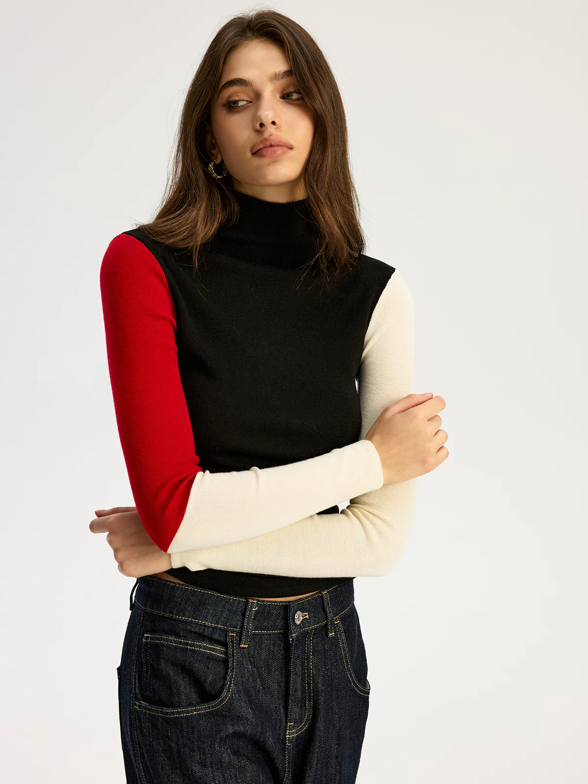 High Neck Color Block Sweater - Wholesalesil