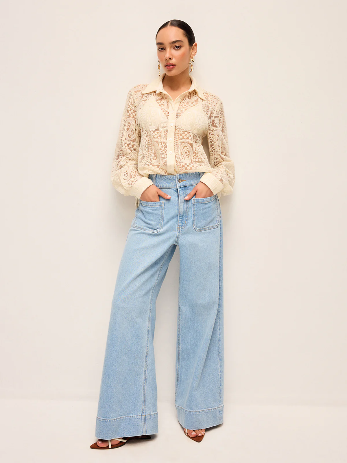 Long-Sleeve Lace Polo Collar Cotton-Blend Shirt - Wholesalesil