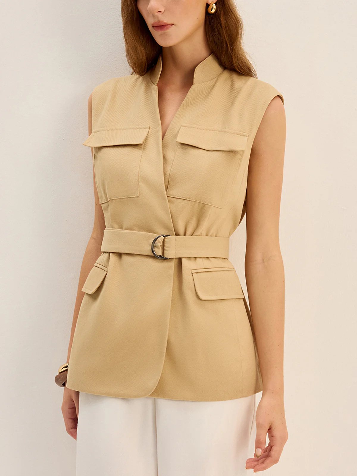 Belted Sleeveless Cargo Vest - Wholesalesil