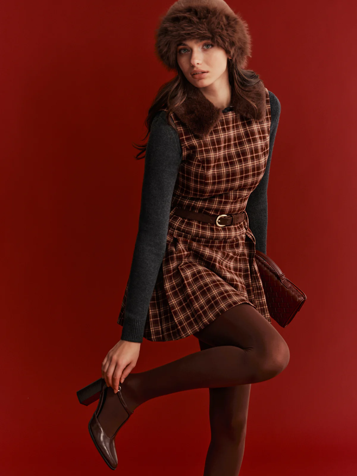 Belted Plaid Sleeveless Mini Dress - Wholesalesil