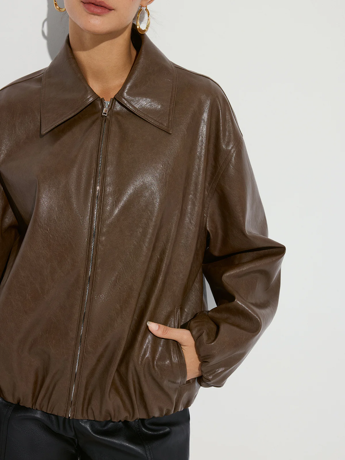 Zip-Front Collared PU Leather Jacket - Wholesalesil