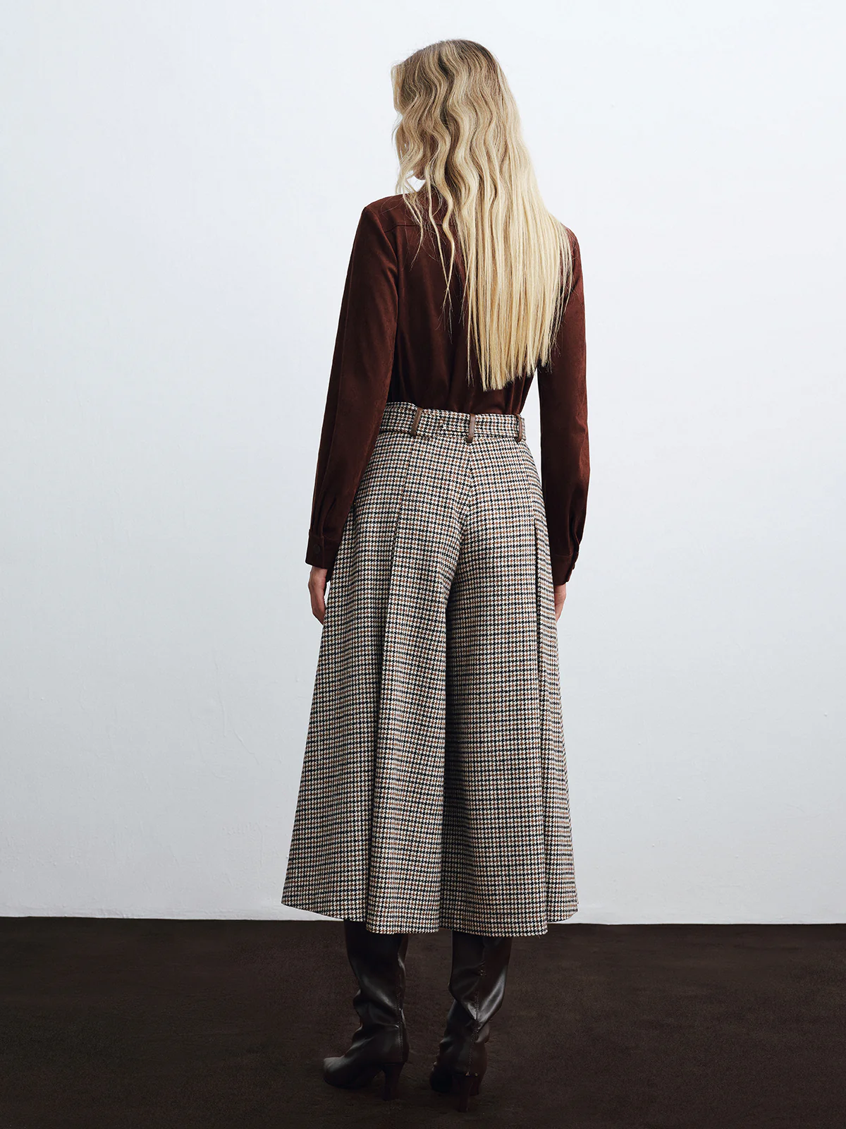 High-Waist Belted Houndstooth Wide-Leg Pants - Wholesalesil