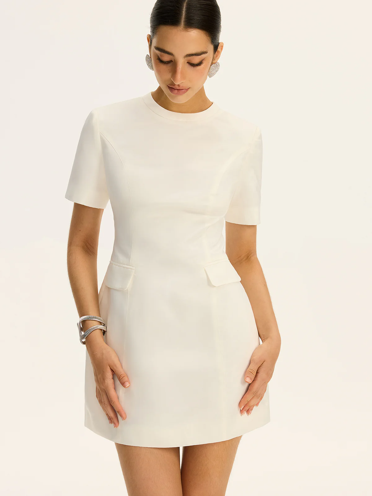 Short-Sleeved  Waist-Cinching Mini Dress with Decor Pockets - Wholesalesil