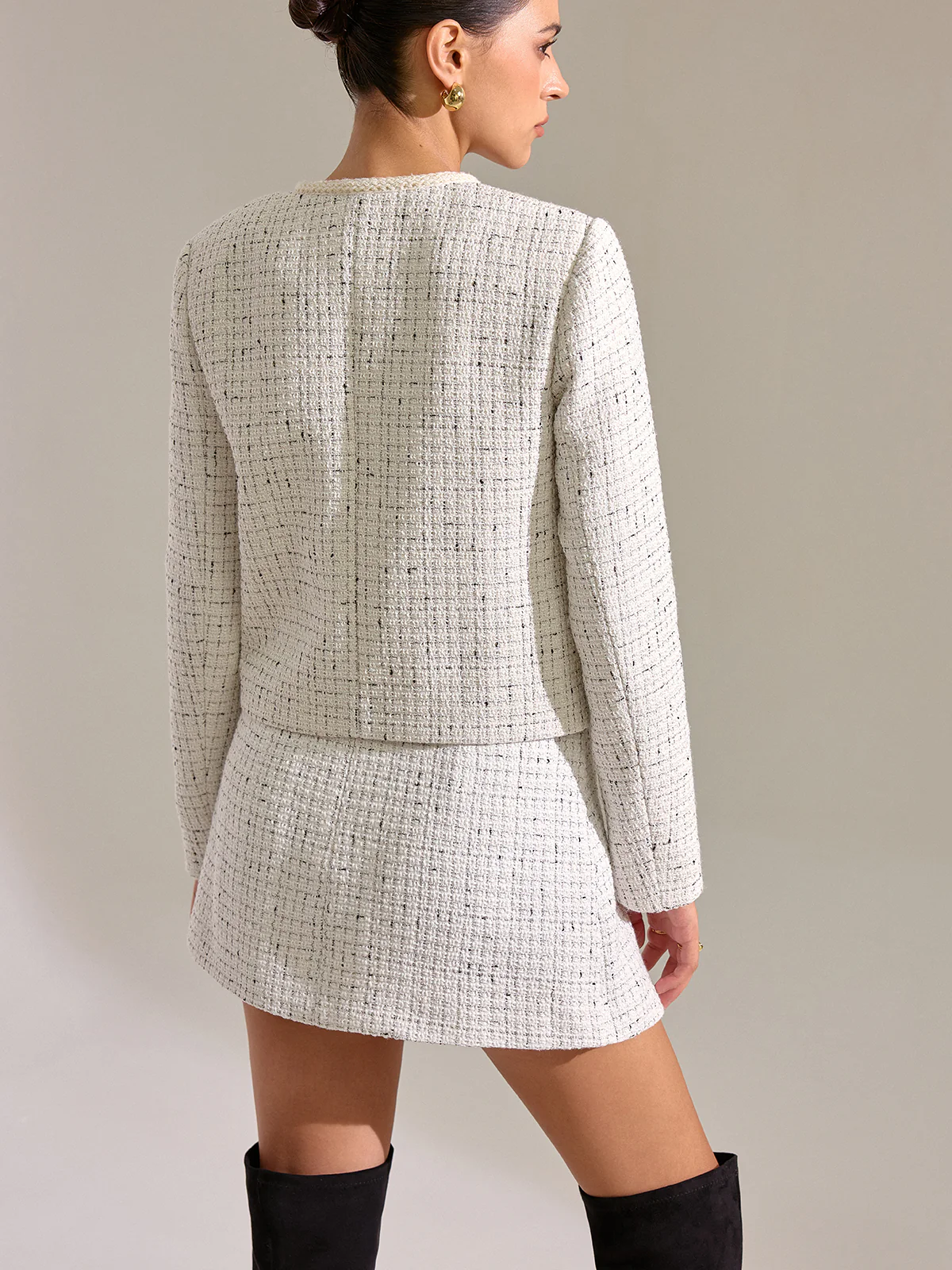 Metal Detail Knot Button Tweed Jacket - Wholesalesil