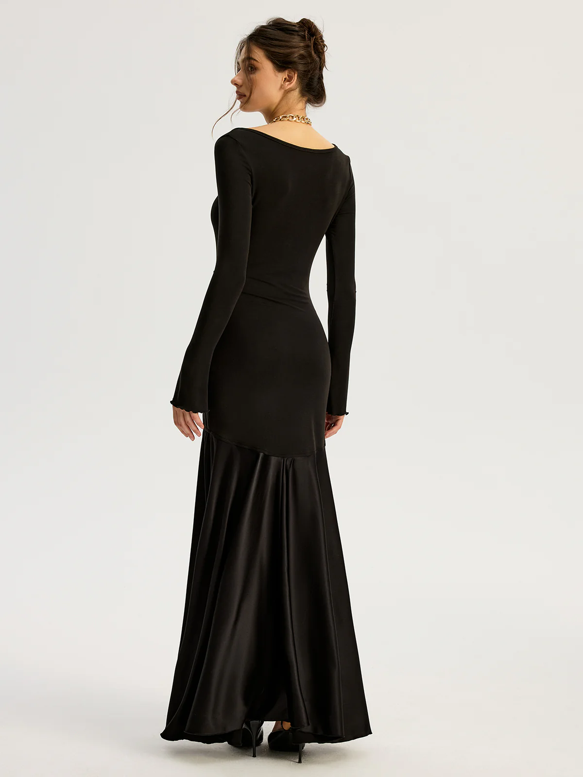 Satin Panel Jersey Sqaure Neck Long Dress - Wholesalesil