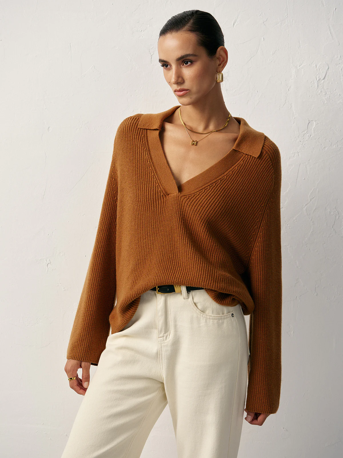 Wool Blend Polo Collar V-Neck Sweater - Wholesalesil