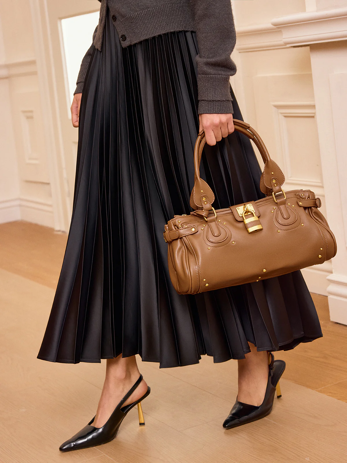 Lock Detail Studded PU Leather Top Handle Bag - Wholesalesil