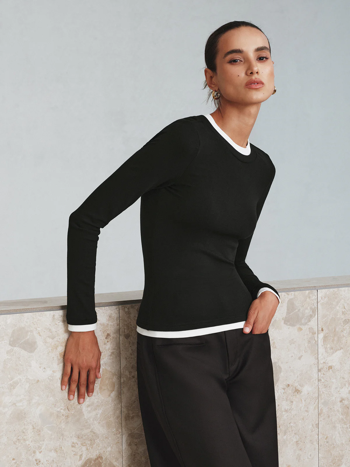 Contrast Trim Long Sleeve T-Shirt - Wholesalesil