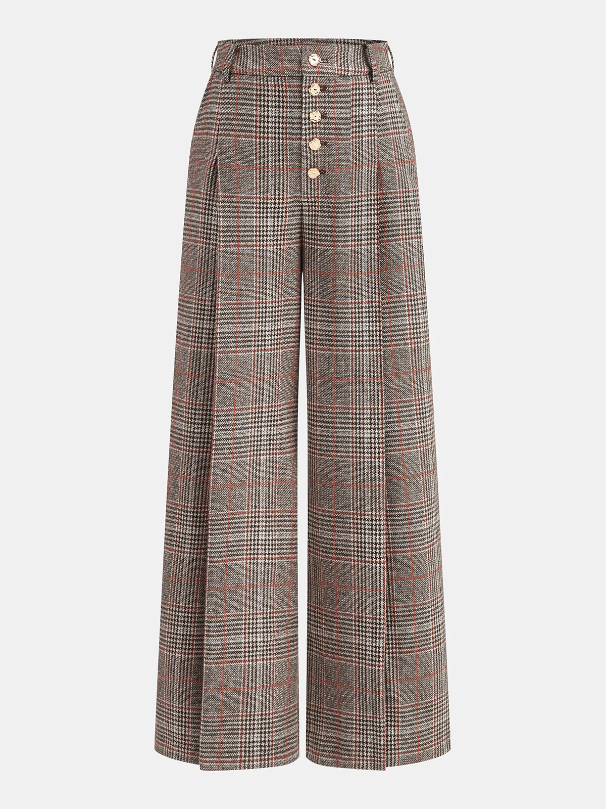 Mid-Waist Plaid Metal Button Pants - Wholesalesil