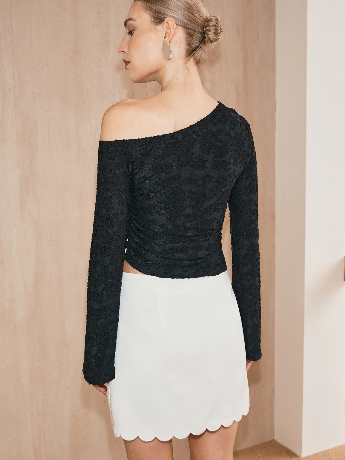 One-Shoulder Textured Jacquard Semi-Sheer Top - Wholesalesil